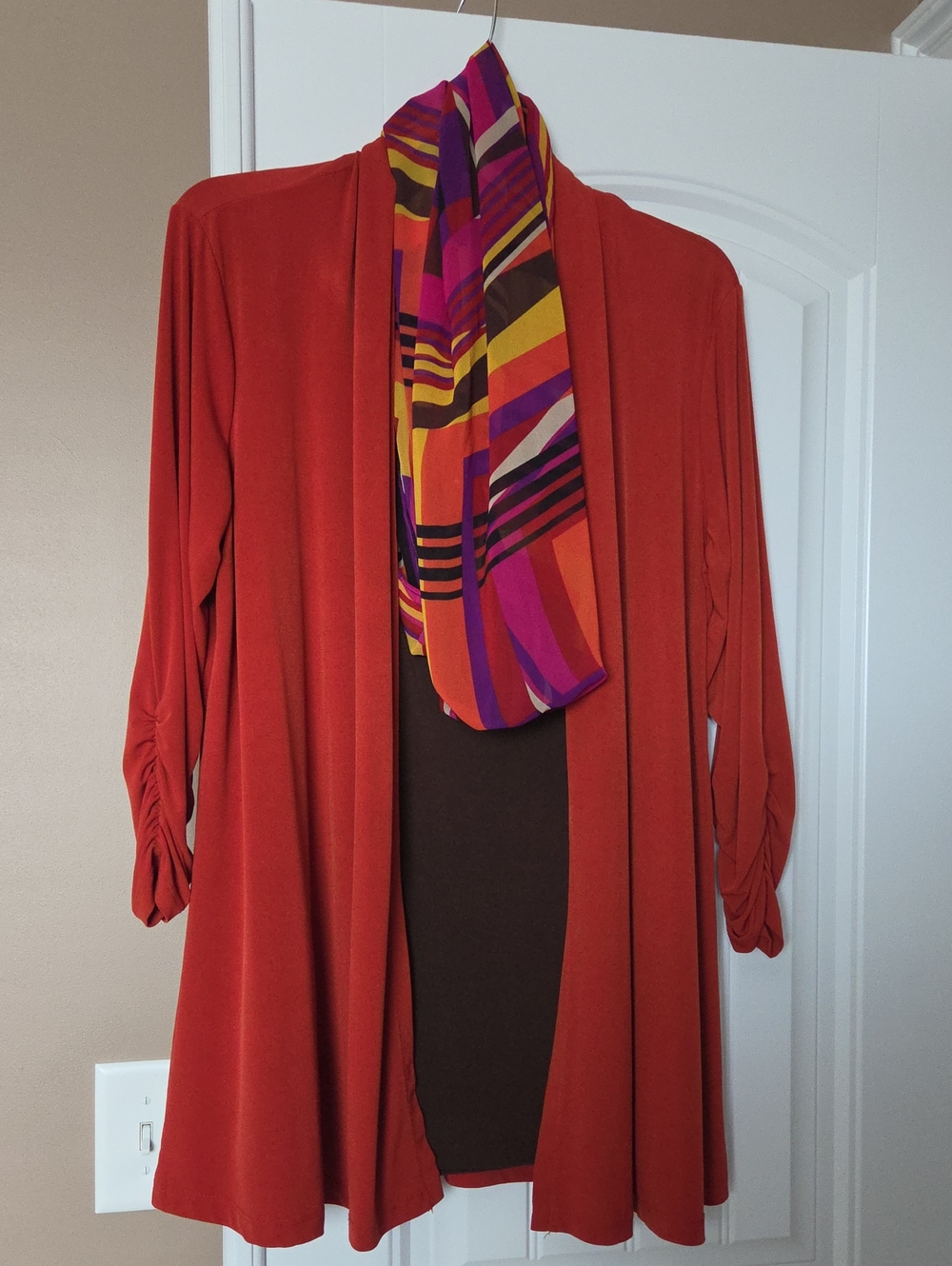 Susan Graver Rust Open-Front Cardigan with Multicolor Striped Scarf - Like New